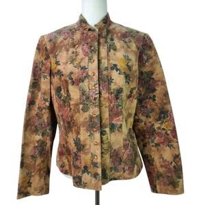 VS2 Brown Red Green Floral Leather Snap Button Jacket Coat Lined MINT Large